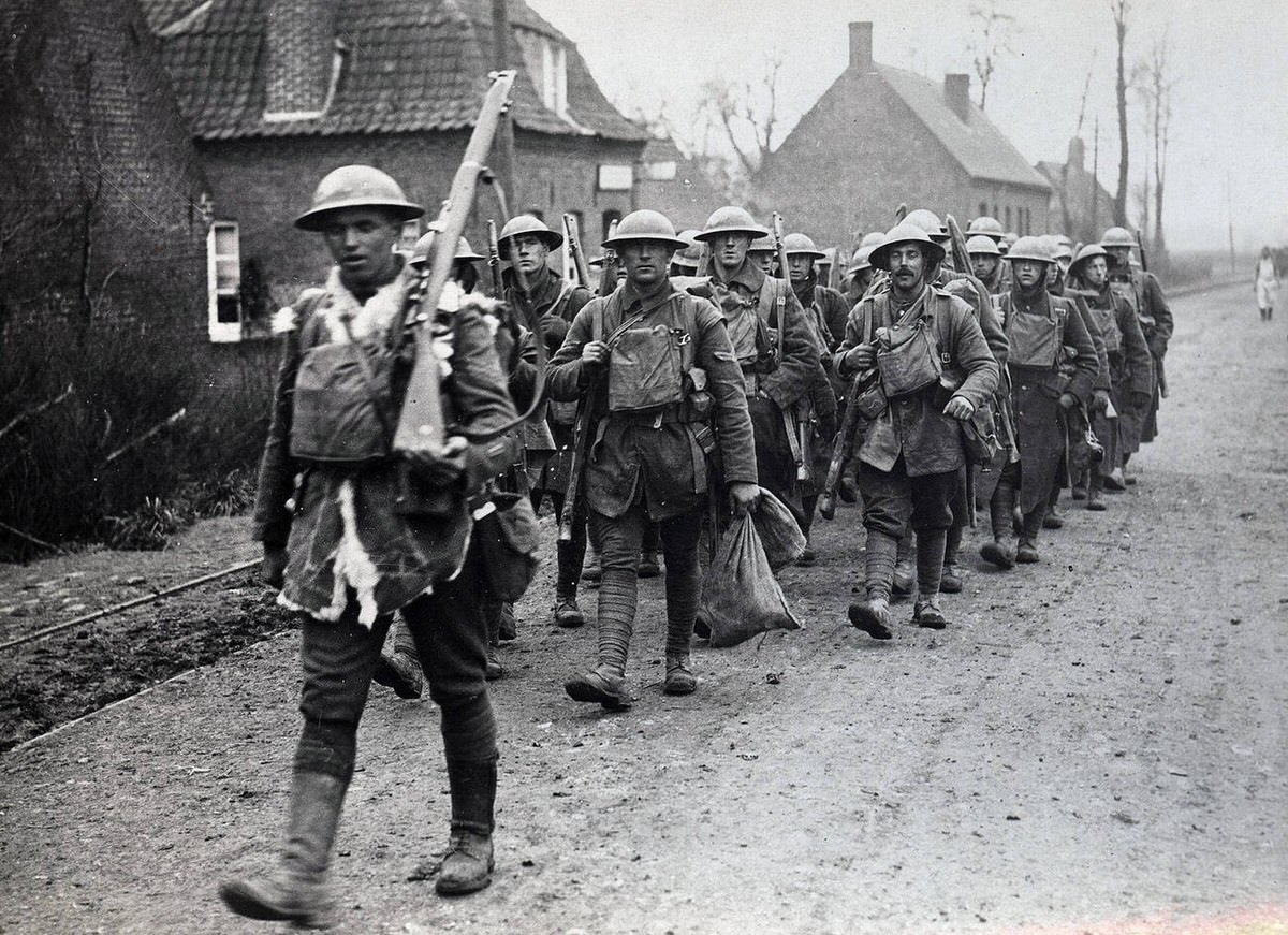 Soldiers of the 55th Division going for a rest after hard fighting on the British Western Front, 1914