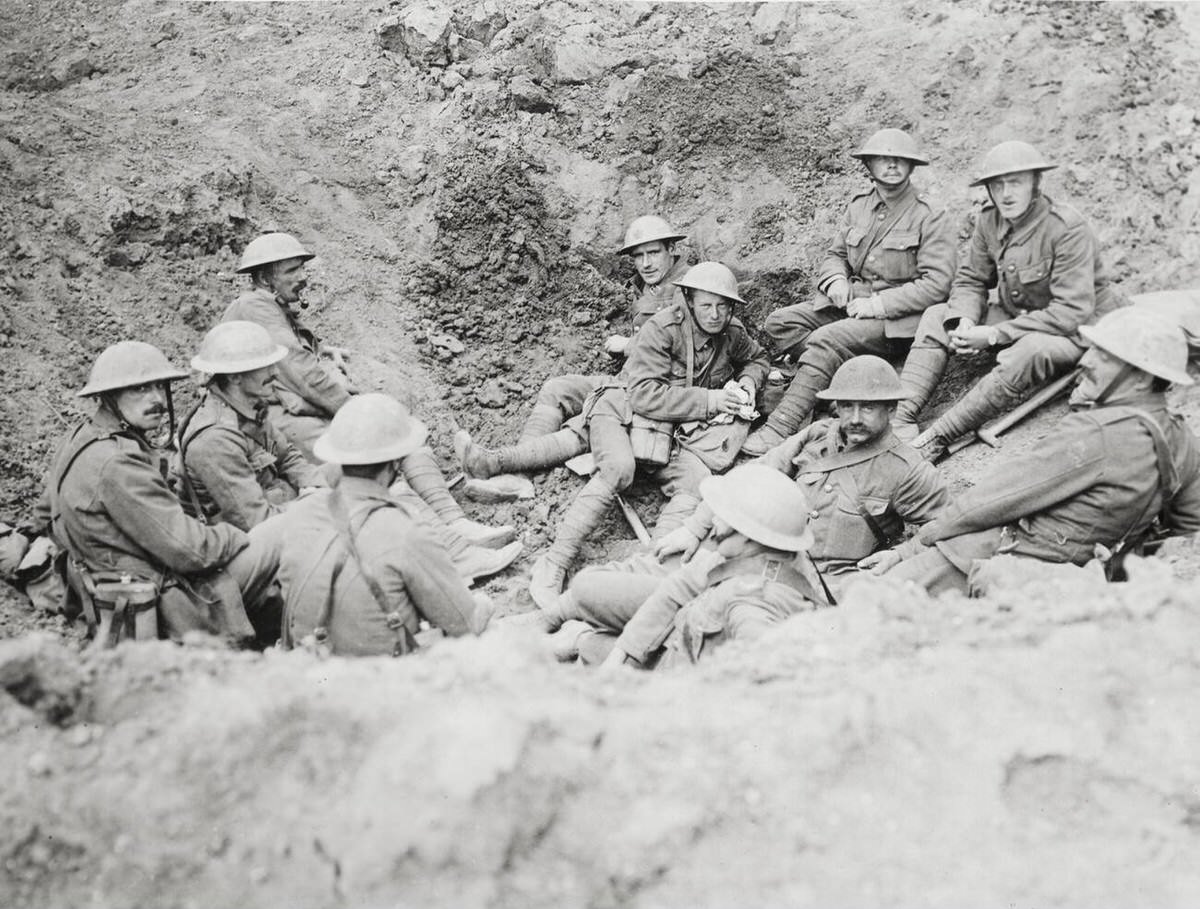 British troops in shell holes between Guillemont and Ginchy, 1914
