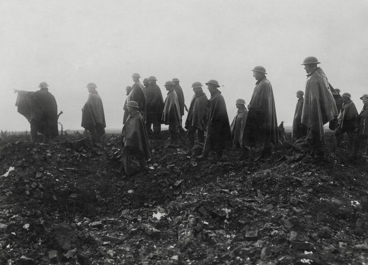 British troops watching shells being dropped on German trenches in France, 1914