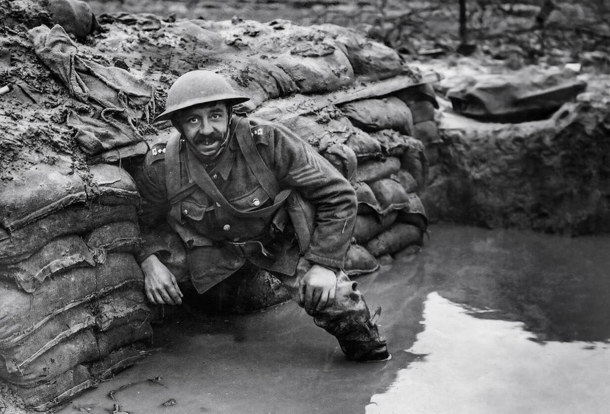 British Army sergeant in a flooded trench during the Battle of Passchendaele, 1917