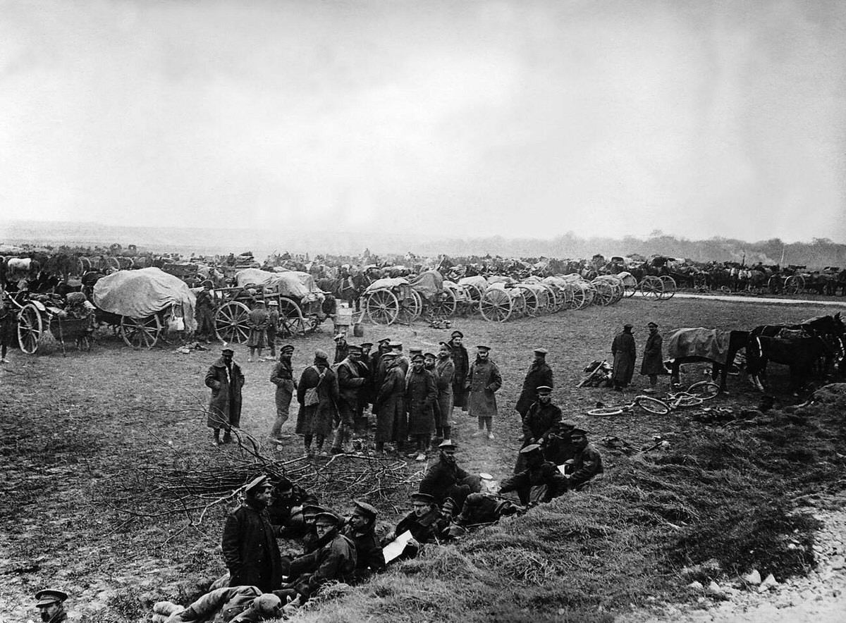 Artillery resting by the roadside on the British Western Front in France, 1915
