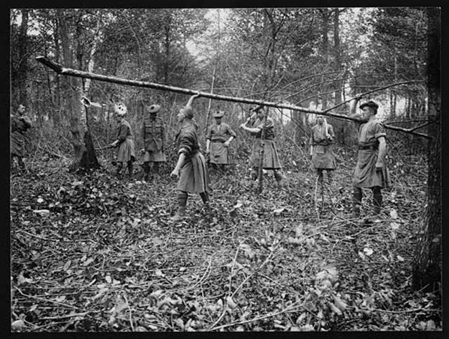 Soldiers in kilts, possibly from a Highland Regiment, working in a wooded area. They appear to be wearing a protective covering or 'apron' over their kilts. The two men in the foreground are carrying a long and narrow tree between them. Some of the men in the background are using axes to fell more trees. The ground is covered with branches and leaves.
