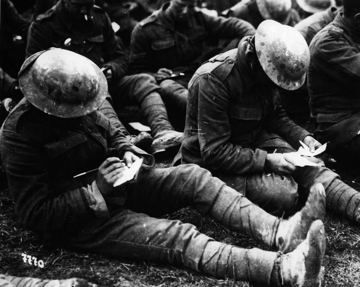 British soldiers writing home, 1916