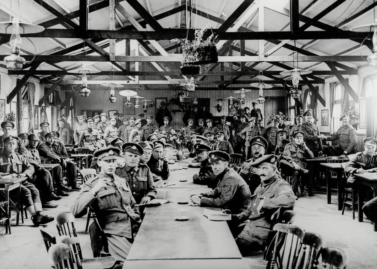 British soldiers convalescing in a recreation room in France, 1914