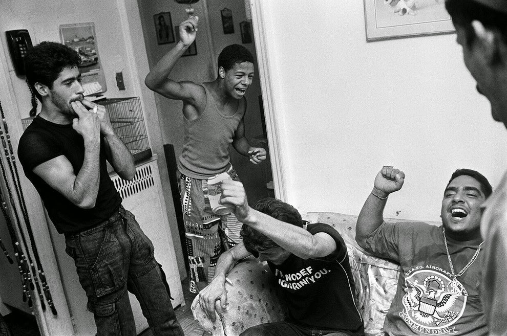 Martin and Poncho celebrate at a birthday party for a crew member, 1980s.