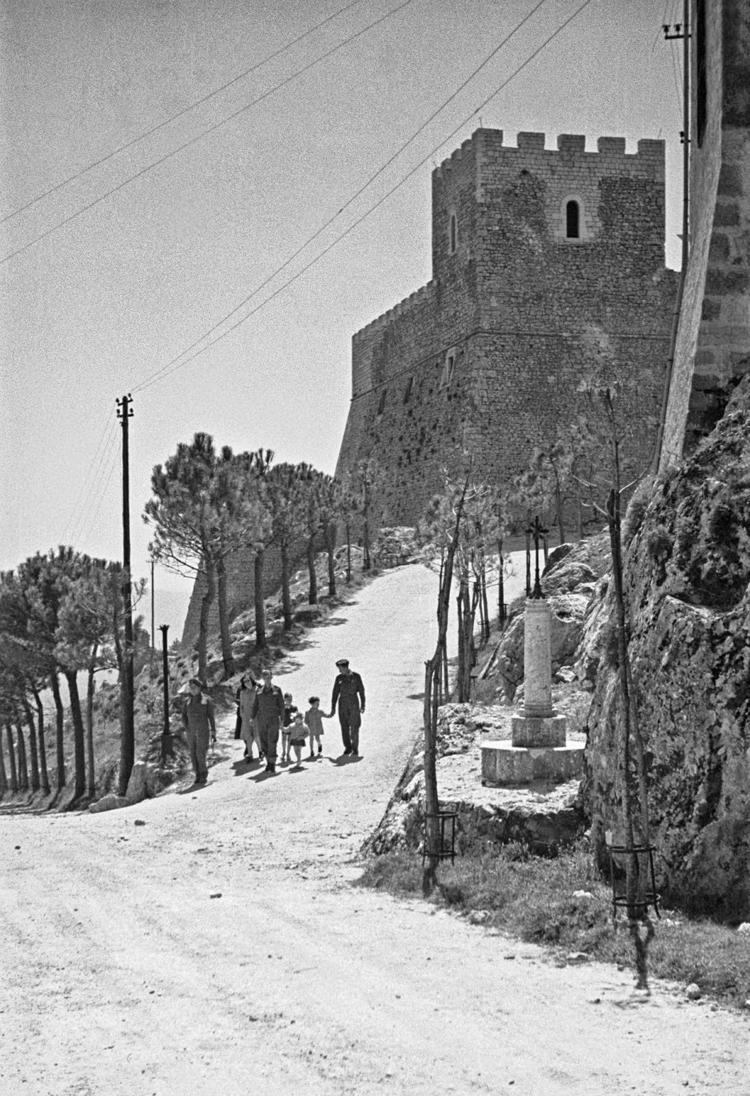 New Zealand front line troops on leave at Campobasso, walk with locals down an avenue of pine trees each of which was planted to commemorate an Italian soldier killed in the last war.