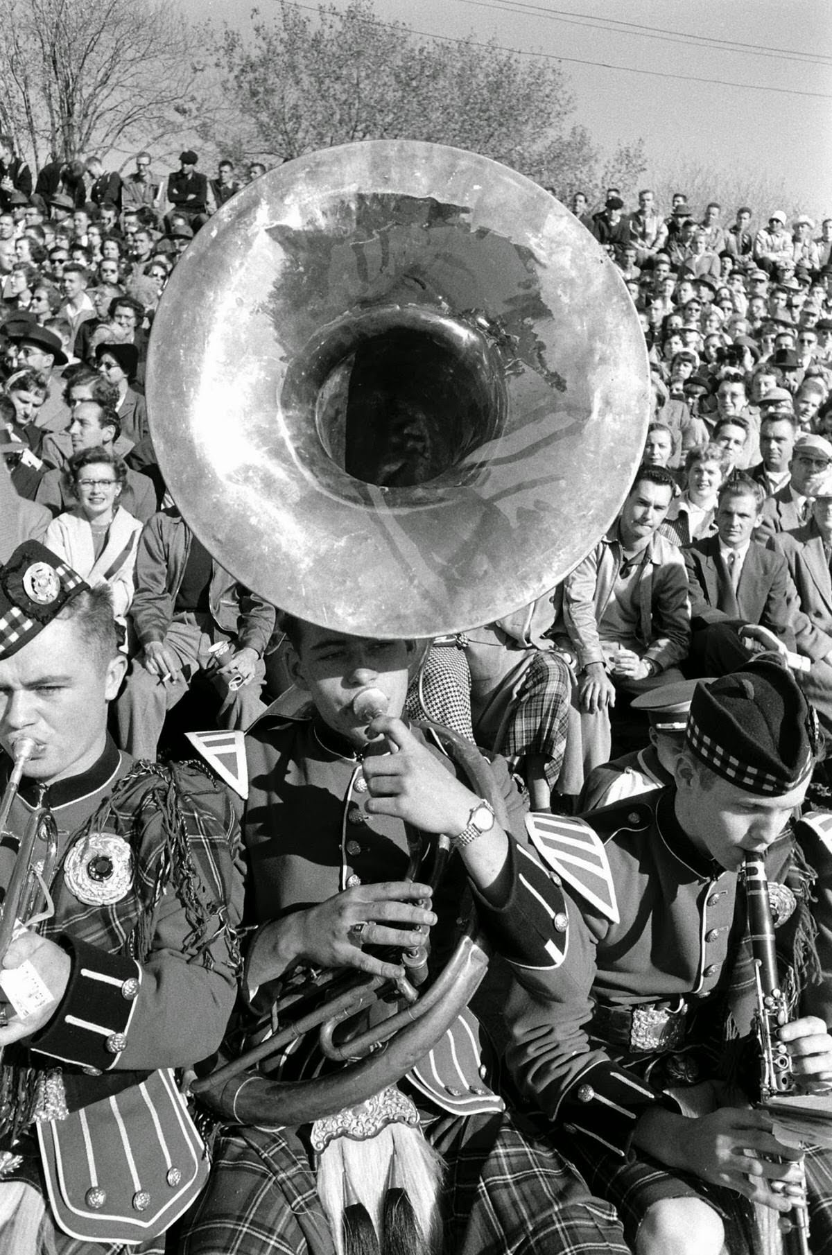 Band members at Canadian college football game, 1954.
