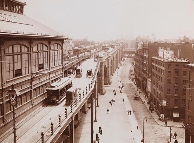 Brooklyn Bridge near the Manhattan entrance with streetcars, horse-drawn vehicles, and pedestrians, 1898