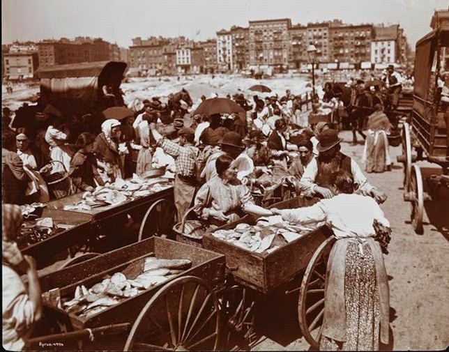 Hester Street crowded with shoppers and pushcart peddlers selling fish, 1898