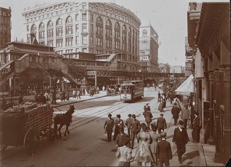 Pedestrians, streetcars, and horse carts at Herald Square near Saks and Macy's, 1906