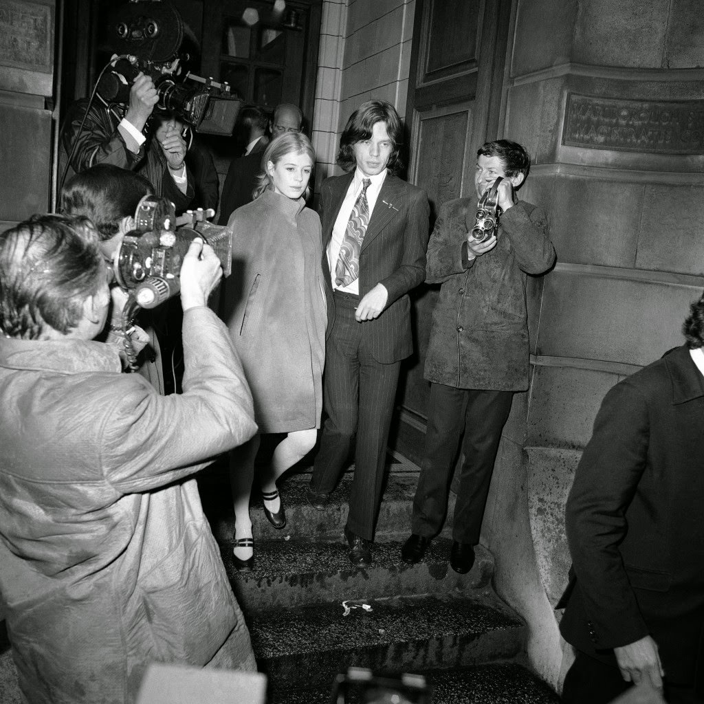 Lead singer of the Rolling Stones pop-group, Mick Jagger, 25, and friend, actress Marianne Faithfull, 22, in London, England on June 23, 1966. The couple appeared at Marlborough St. Court charged with possessing the drug Cannabis. They were on remand from May 29 on Â£50 bail each. The case was adjourned until September to allow the couple to fulfill film commitments in Australia.