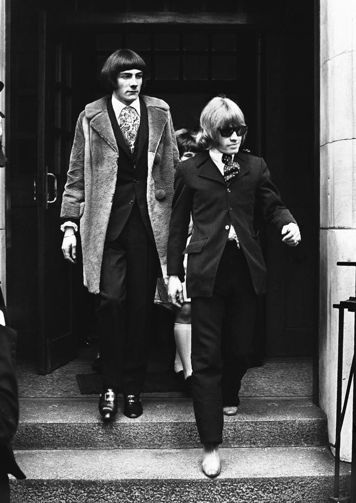 Rolling Stones Brian Jones, right, and Swiss entertainer Prince Stanislas Klossowski de Rola, Baron de Watteville, in London on May 11, 1967. Earlier the two were remanded on bail until June 2, after appearing at a London Magistrates Court charged with being in possession of dangerous drugs, 50 grains of cannabis resin.
