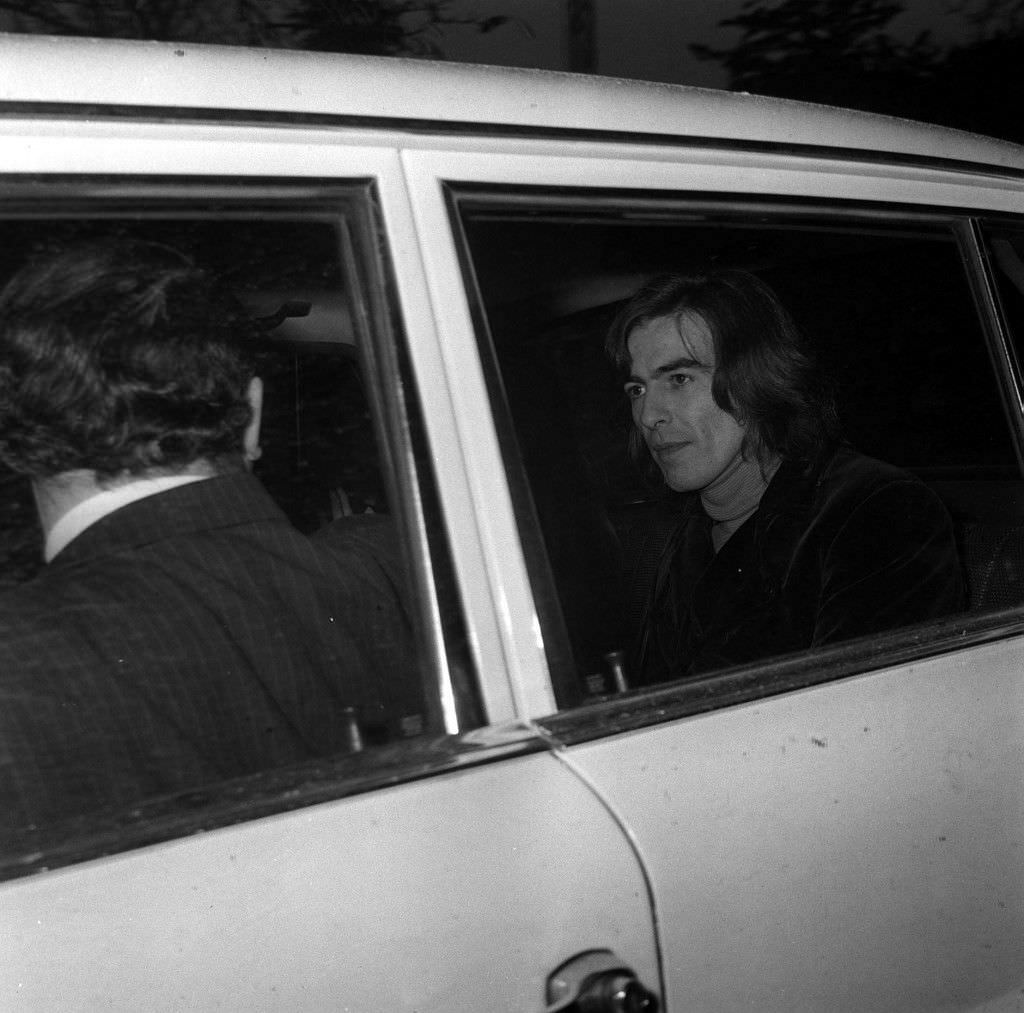 Beatle George Harrison. Both Harrison and his wife George Harrison were remanded on bail until March 31 at Esher and Walton court acused of being in possession of cannabis resin without being duly authorised ghgal. Date: 18/03/1969.