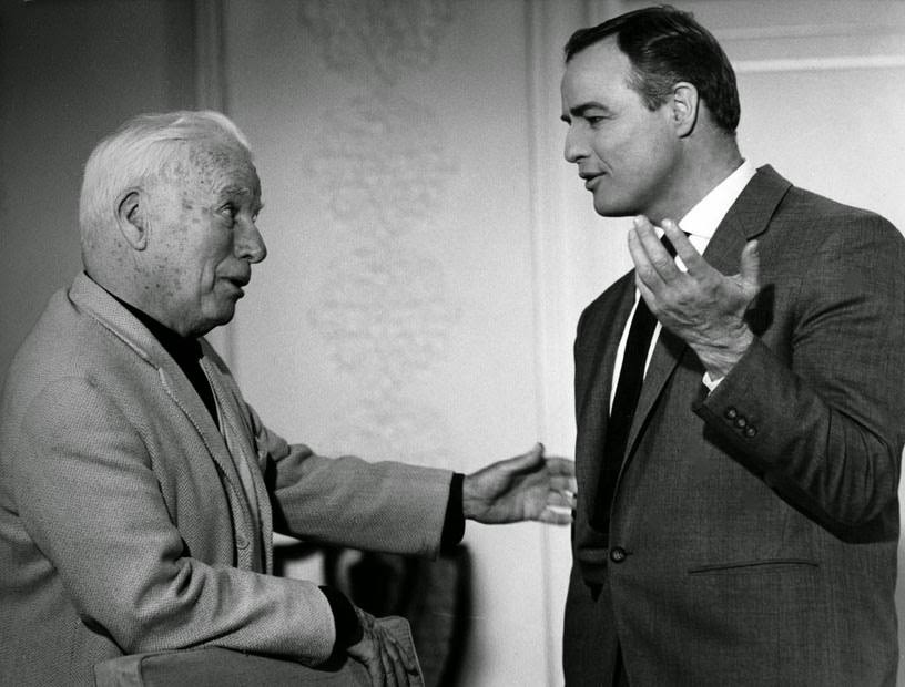 Charlie Chaplin and Marlon Brando during filming "A Countess From Hong Kong," 1967.
