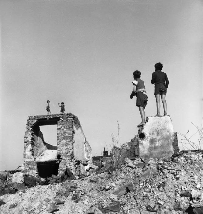 Boys playing in bombed-out buildings in the Favoriten district of Vienna, 1948