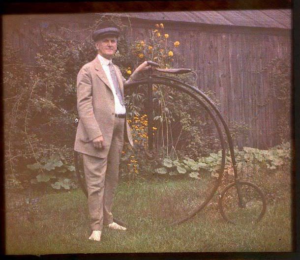 Charles Zoller with his bicycle, 1920