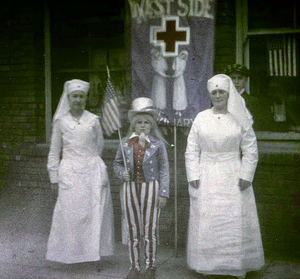 Nurses and Uncle Sam at a World War I support parade, 1917