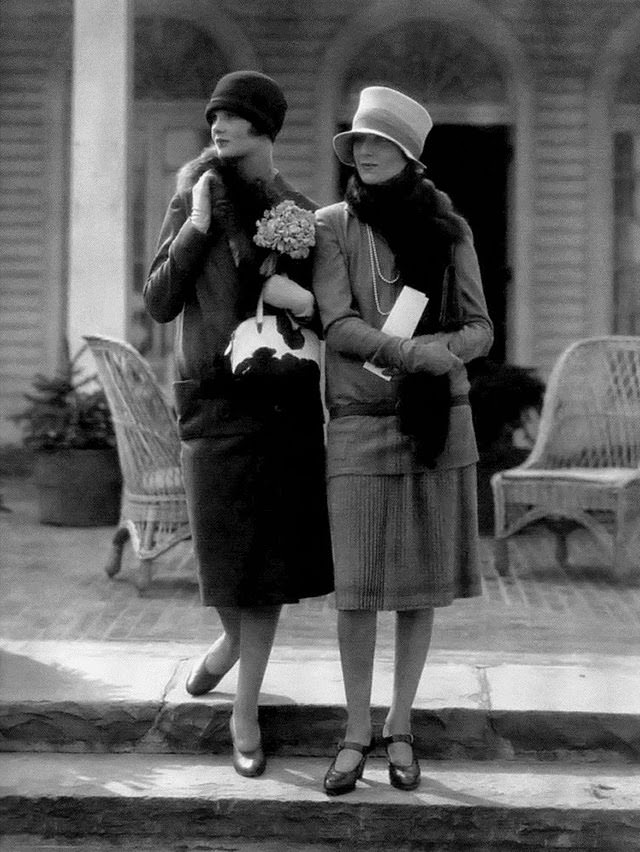 Model at left in a wool suit by Edward Molyneux; the one at right in a two-piece dress by Drecoll, 1926