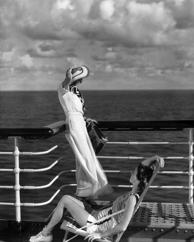 Two models on the deck of the cruise ship liner Lurline, 1934