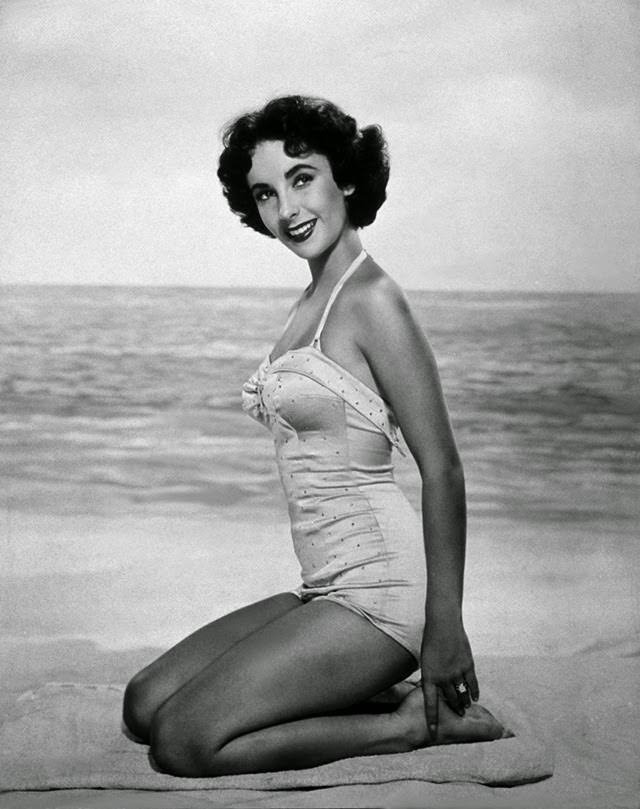 An oceanside portrait of Elizabeth Taylor, 1948.