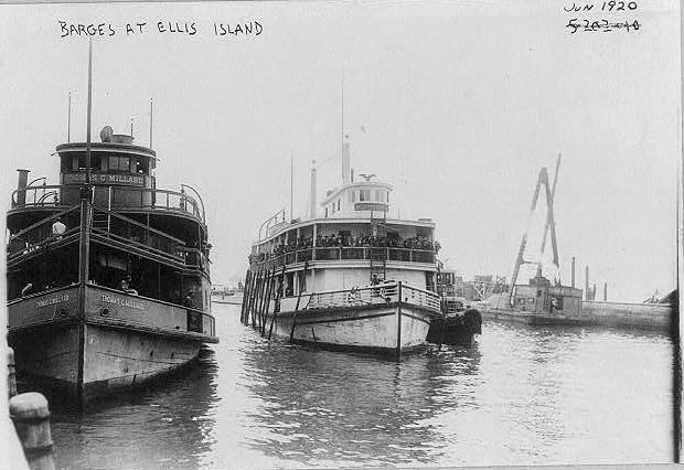Ferry boats at Ellis Island, 1920