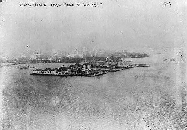 Ellis Island seen from the torch of the Statue of Liberty, 1908
