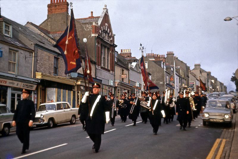 Salvation Army band marching down Albert Road in Devonport, 1968