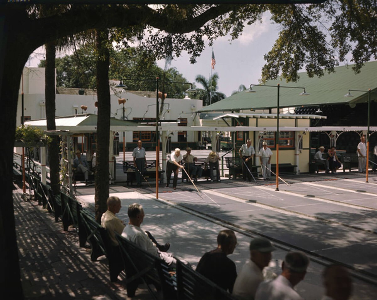 Retirees playing shuffleboard at Mirror Lake Park in St. Petersburg, 1940s