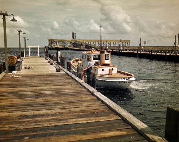 Pilot boat docked near the phosphate elevator in Boca Grande, Florida, 1947