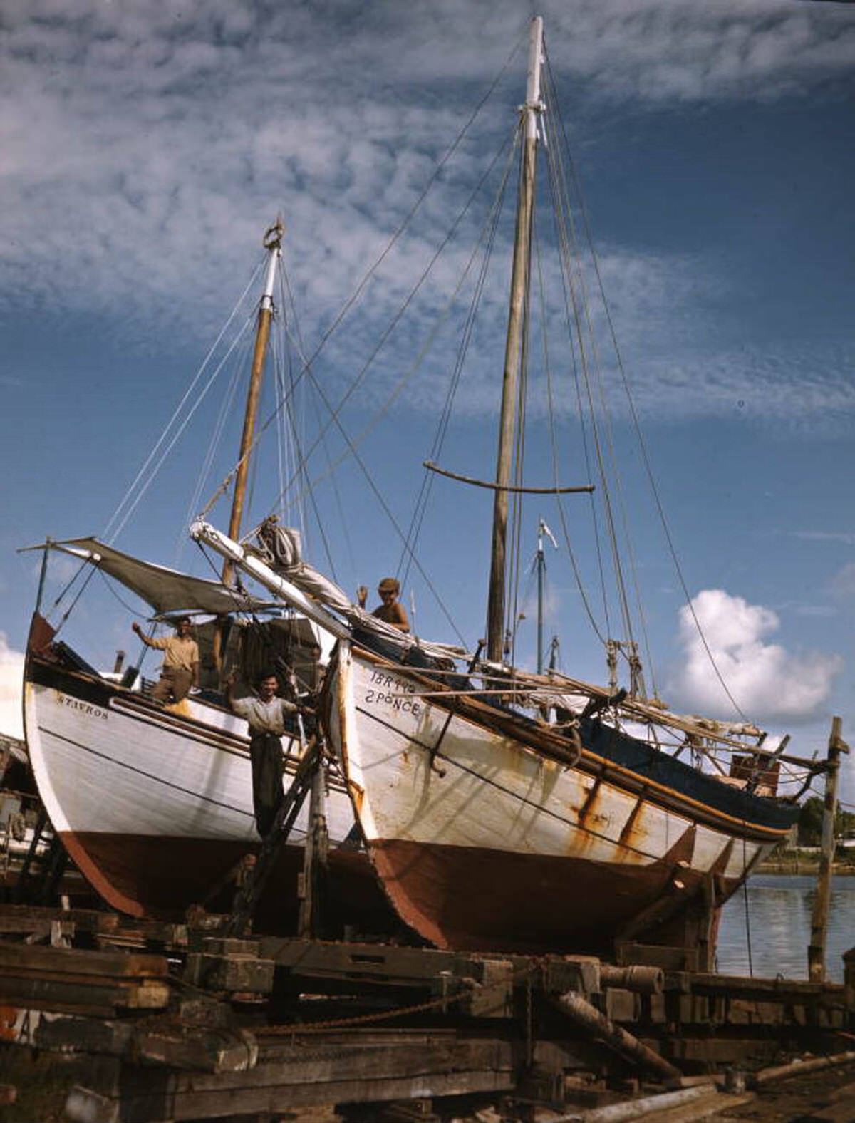 Greek sponge boats on ways in Tarpon Springs, Florida, 1940s