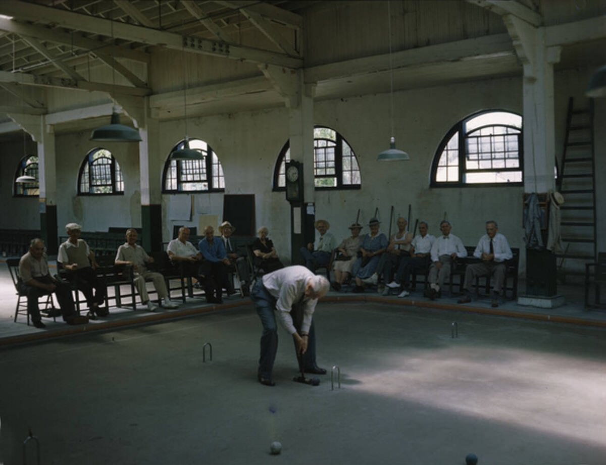 Retirees playing indoor croquet in Sarasota, Florida, 1940s