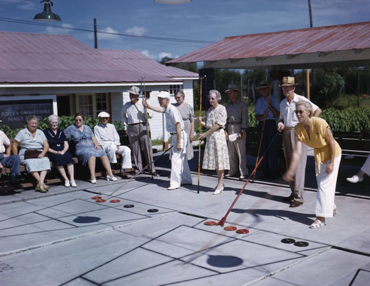 Retirees playing shuffleboard in Sarasota, Florida, 1940s