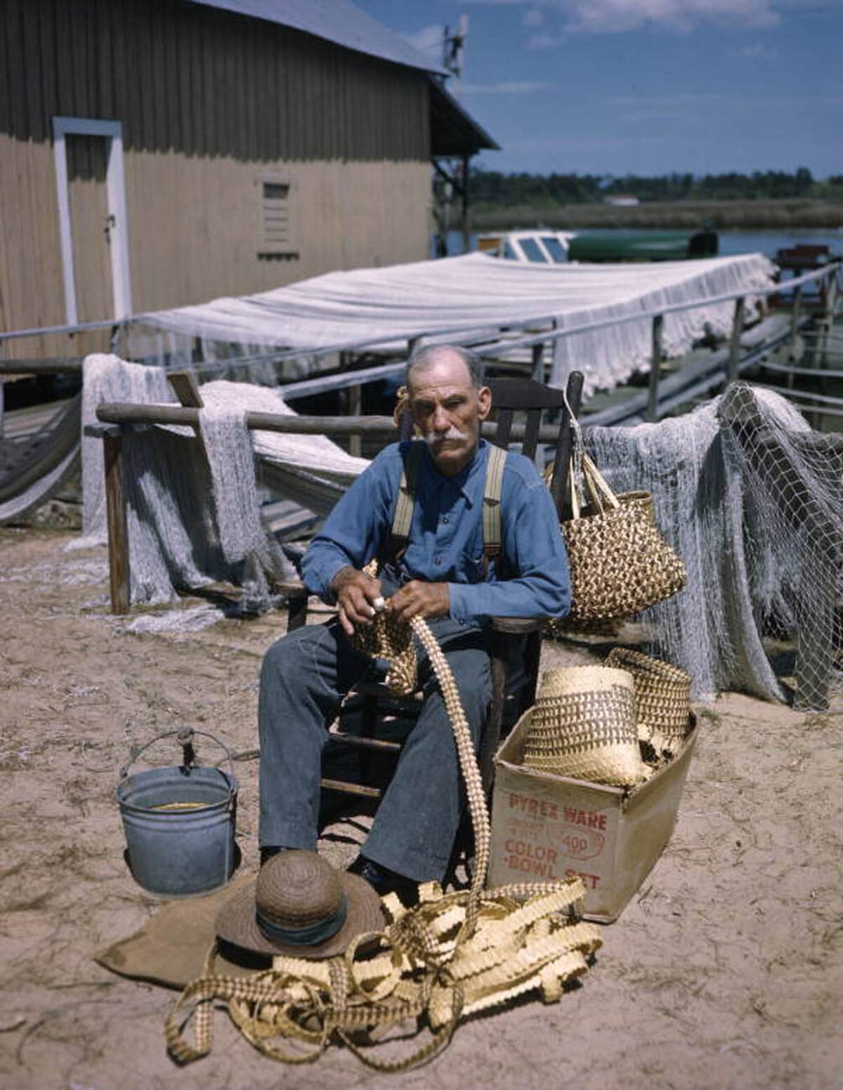 Basket maker Moses Pinder at work in Tarpon Springs, Florida, 1940s