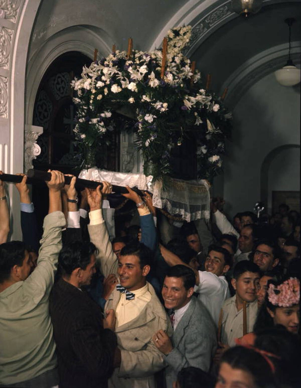 Epitaphios carried during a Good Friday service at St. Nicholas Greek Orthodox Cathedral in Tarpon Springs, 1940s