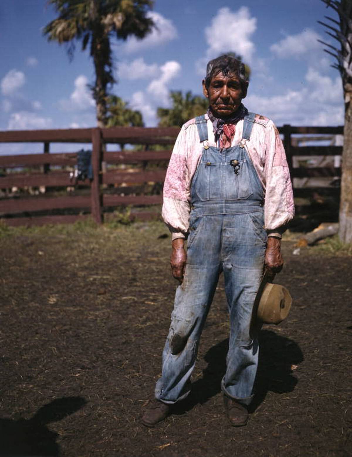 Seminole cattleman Charlie Micco at the Brighton Seminole Indian Reservation, 1940s