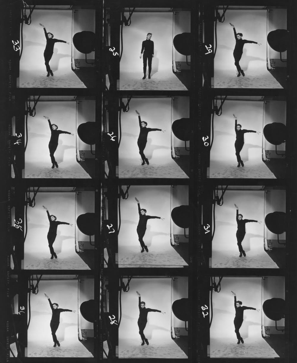 Contact print showing Hepburn dancing. Hepburn plays a Greenwich Village bookshop clerk who is discovered by style photographer Dick Avery (Fred Astaire) and whisked off to Paris on a fashion shoot