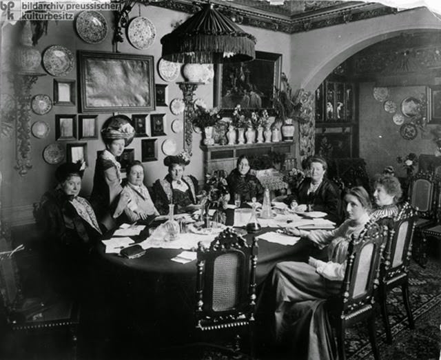 The first International Women’s Congress, held in Paris in 1878, was a step towards creating a transnational women's movement. Although activists sought to improve the condition of women internationally, they remained committed to pragmatic reform within their own respective political systems. This photograph was taken at a meeting of German activists during the International Women’s Congress in Berlin in 1914. It shows (clockwise, from left): Hedwig Heyl, Alice Salomon, Anna Pappritz, Dona Martin, ? Hanning, Annette Hamminck-Schepel, Helene Lange, and Gertrud Bäumer.