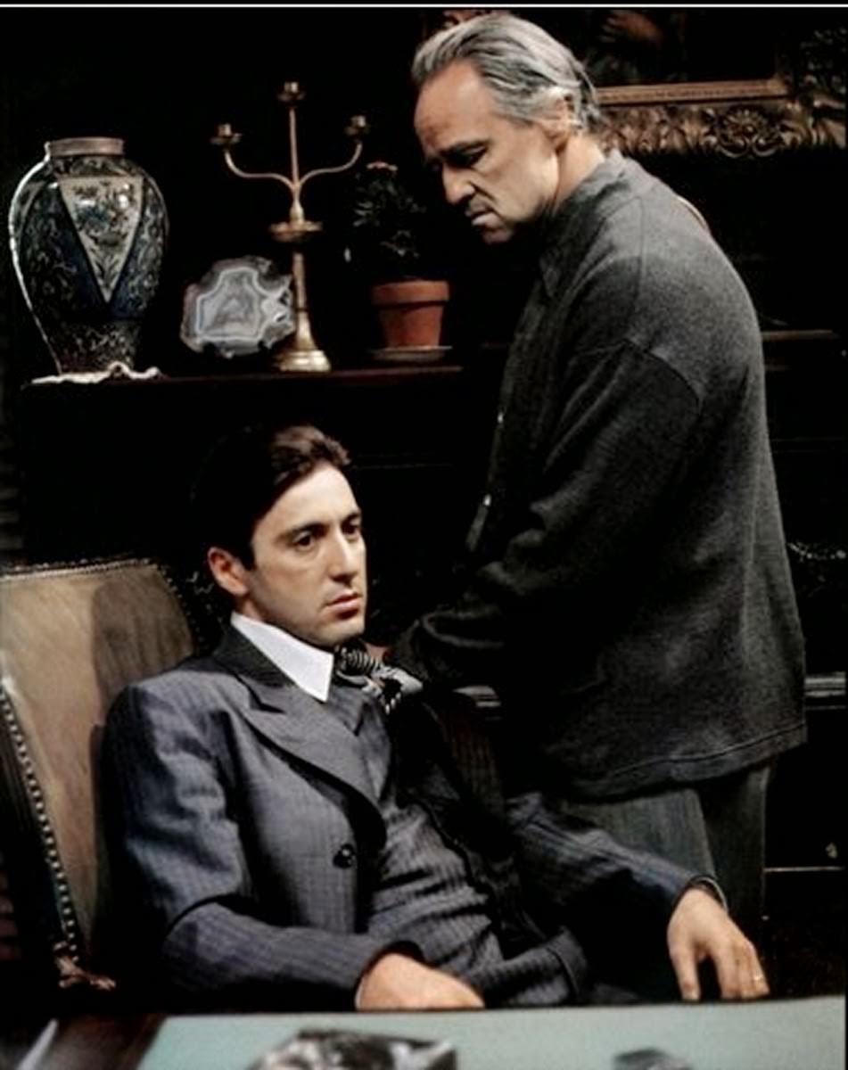 Marlon Brando and Al Pacino on set, The Godfather, 1972