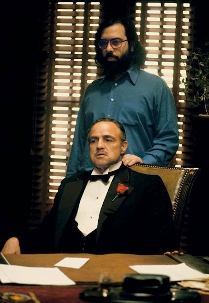Francis Ford Coppola setting up a scene with Marlon Brando, The Godfather, 1972