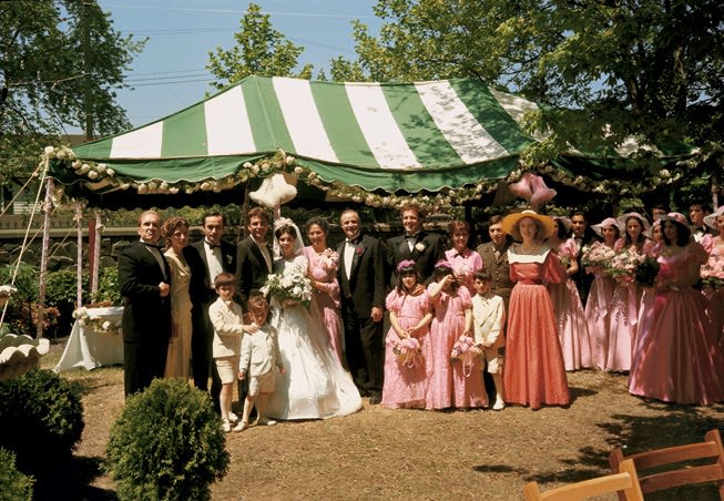 The cast positioned for Connie Corleone’s wedding party photos, The Godfather, 1972