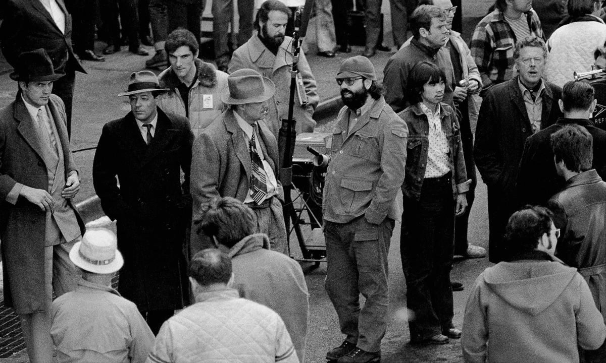 Marlon Brando and Francis Ford Coppola discussing the shooting scene, The Godfather, 1972