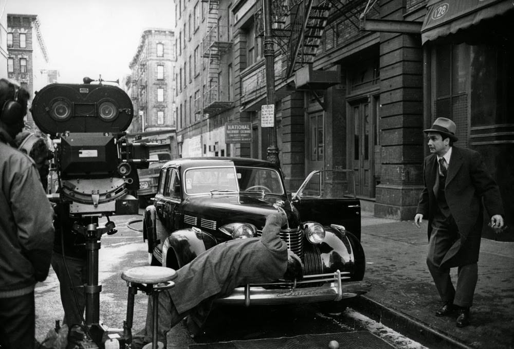 The crew filming a street assassination stunt with John Cazale, The Godfather, 1972