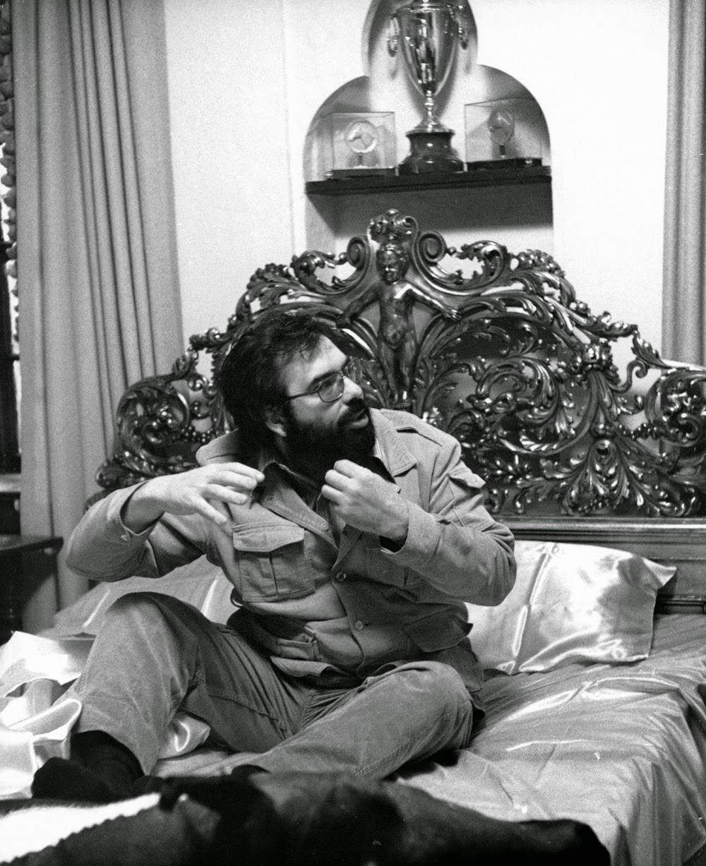 Francis Ford Coppola on the bed used in the horse's head scene, The Godfather, 1972