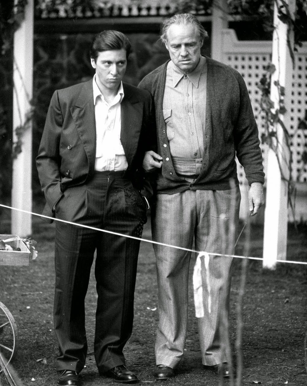 Al Pacino and Marlon Brando on location, The Godfather, 1972