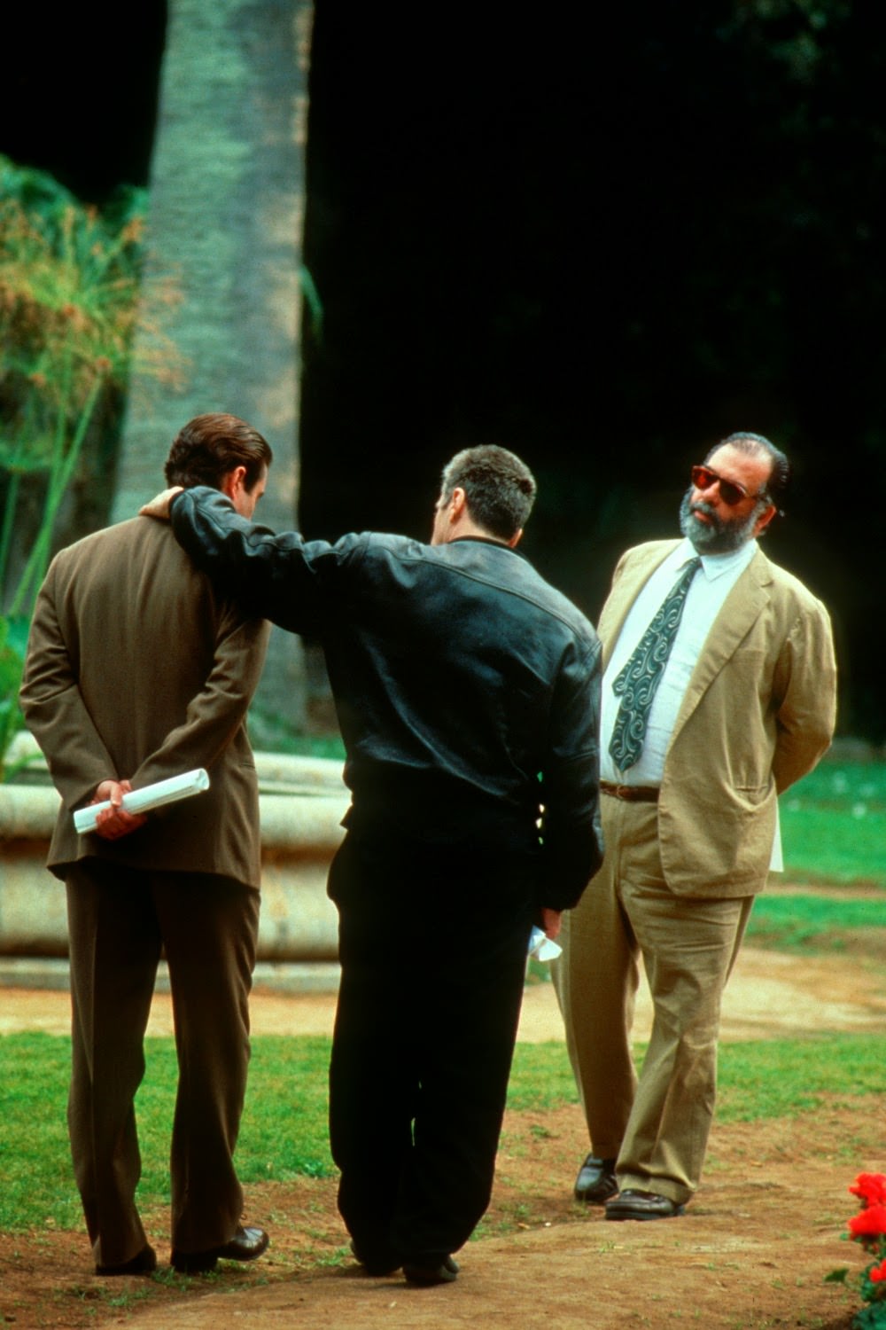 Al Pacino, Andy Garcia, and Francis Ford Coppola on location, The Godfather Part III, 1990
