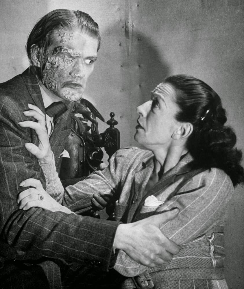 Actor revealing a blighted face after a vitriol attack at the Grand Guignol, 1947