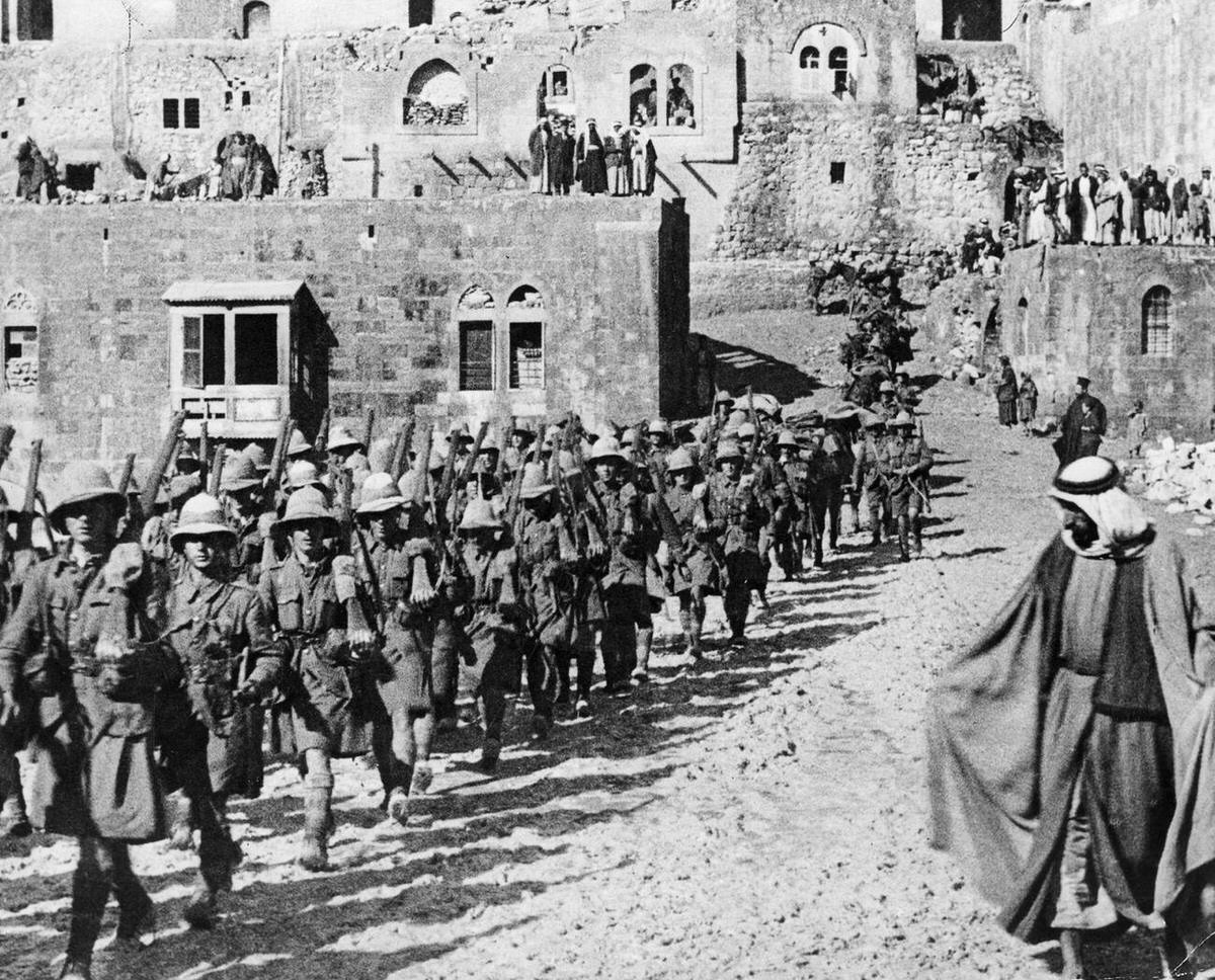 2/14th London Regiment marching through Es Salt after its capture, 1918