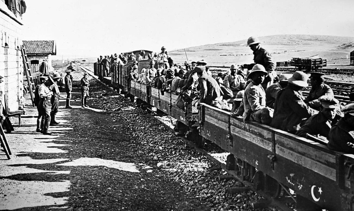 Prisoners captured by British soldiers being transported in their own trains in Palestine, 1918