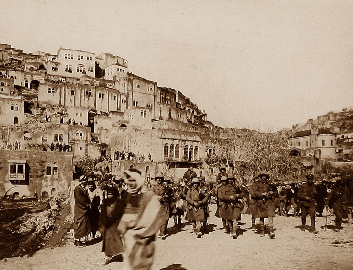 London Scottish Regiment marching through Es Salt, 1918