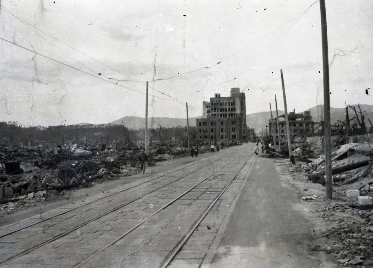 Streetcar tracks in the ruins of Hiroshima, 1945